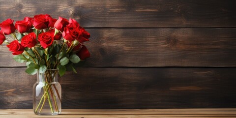 Bouquet of red roses in a glass vase on a wooden background, for advertising or text