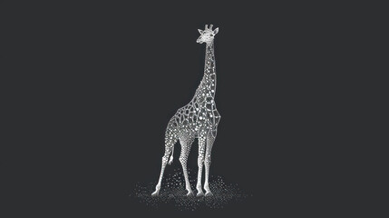  a black and white drawing of a giraffe standing in the dark with it's head above the top of the giraffe as it's neck.