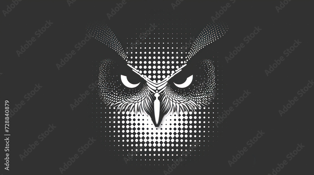 Sticker  a black and white photo of an owl's face with the words owl on it's left side and the words owl on the right side of the image.