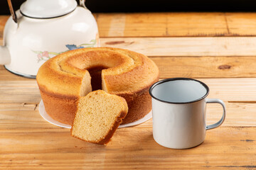 Orange cake, beautiful orange cake and accessories on rustic wood, selective focus.