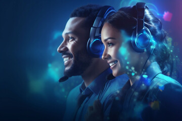 Two customer service representatives, a man and a woman, wearing headsets are featured with a blue-toned bokeh effect in the background. friendly, efficient business communication