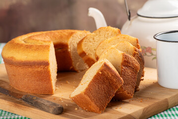 Orange cake, beautiful orange cake and accessories on rustic wood, selective focus.