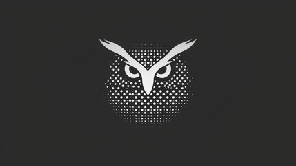  a black and white photo of an owl's face with two large white scissors in the center of the owl's head, on a black background with white dots.