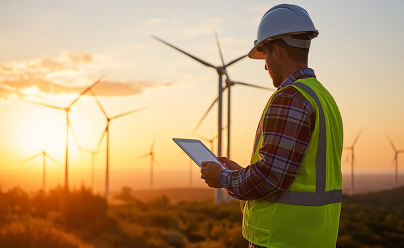 Wind energy engineer Industrial workers tablet sunset, teamwork in wind resource assessment, teamwork in technology deployment, teamwork in energy transition, concept Wind energy green power