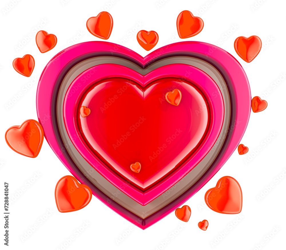 Poster card with red hearts. valentines day card, 3d rendering isolated on transparent background