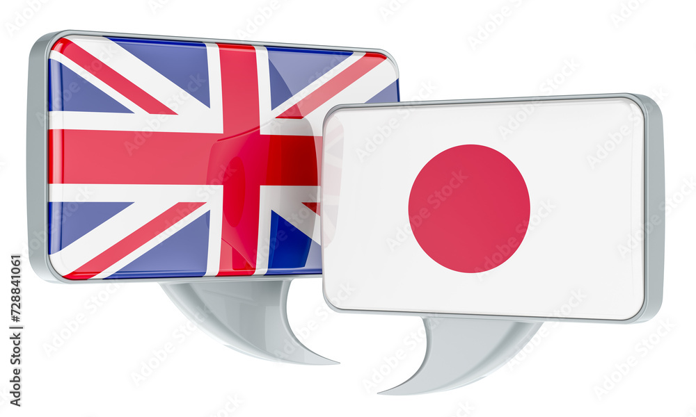 Poster english-japanese conversation concept. speech balloons with british and japanese flags. 3d rendering