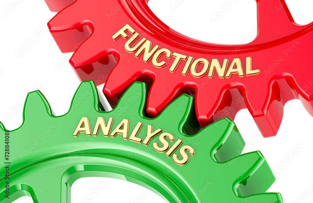 Poster functional analysis concept with colored gearwheels. 3d rendering isolated on transparent background