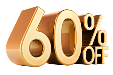 60 percent discount. Golden 60 percent off, text. Discount and sale, concept. 3D rendering isolated on transparent background