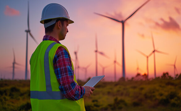 Wind energy engineer Industrial workers tablet sunset, teamwork leads to clean energy breakthroughs, teamwork in field analysis, teamwork in sustainable practices, concept Wind energy green power.