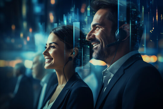 A professional man and woman wearing headsets smile confidently against a vibrant cityscape backdrop. The image radiates a modern, corporate vibe, perfect for business communication themes.