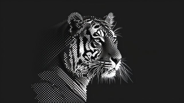  a black and white photo of a tiger wearing a suit and tie with dots on it's chest and a black background with the image of a white tiger's head.