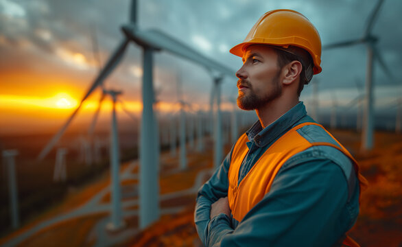 Wind energy engineer Industrial workers tablet sunset, showcasing teamwork in renewable tech, teamwork in fieldwork, teamwork in sustainable energy solutions, concept Wind energy green power