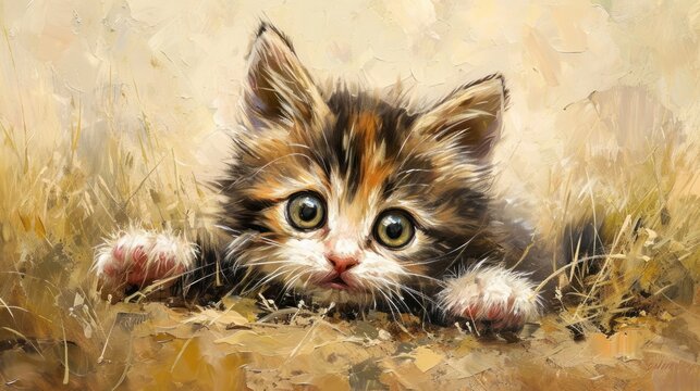  a painting of a kitten laying in a field of grass with it's front paws on the ground and eyes wide open, with one paw on the ground.