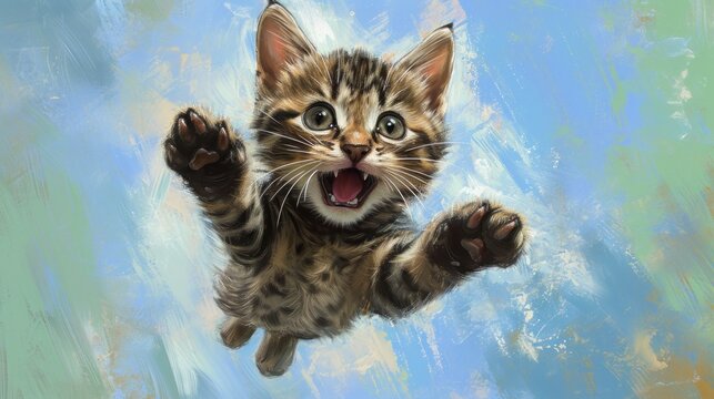  a painting of a kitten in the air with its paws in the air and one paw in the air and one paw in the air and one paw in the other.