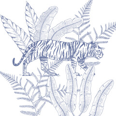 Japanese tiger with tropical leaves. Wild animal with green plants. Banner or poster for advertising or web.