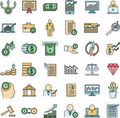 Broker auditor icons set. Outline set of broker auditor vector icons thin line color flat on white