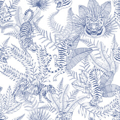 Japanese tigers with tropical leaves. Toile de jouy jungle. Wild animal with green plants. Banner or poster for advertising or web.
