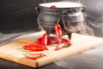 Peppers, beautiful red peppers and a cauldron with smoke over rustic wood, selective focus.