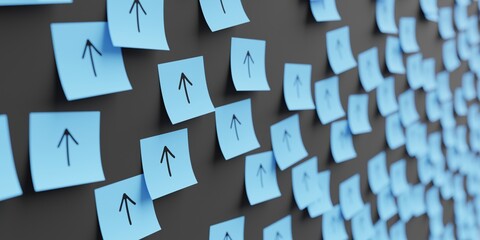 Many blue stickers on black board background with arrow pointing up symbol drawn on them. Closeup view with narrow depth of field and selective focus. 3d render, Illustration