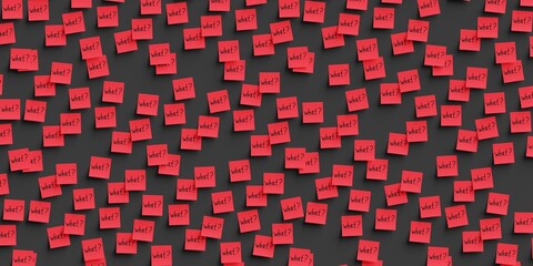 Many red stickers on black board background with question what? symbol drawn on them. Flat layout. 3d render, Illustration