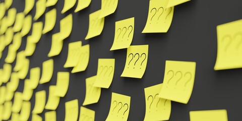 Many yellow stickers on black board background with three question marks symbol drawn on them. Closeup view with narrow depth of field and selective focus. 3d render, Illustration