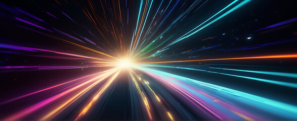 Lightspeed, hyperspace, space warp background. Colorful streaks of light gathering towards the event horizon.