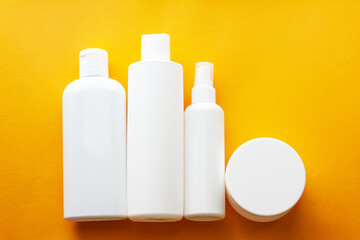 Cosmetic packaging containers for haircare, Set of unbranded bottles, Beauty and spa concept