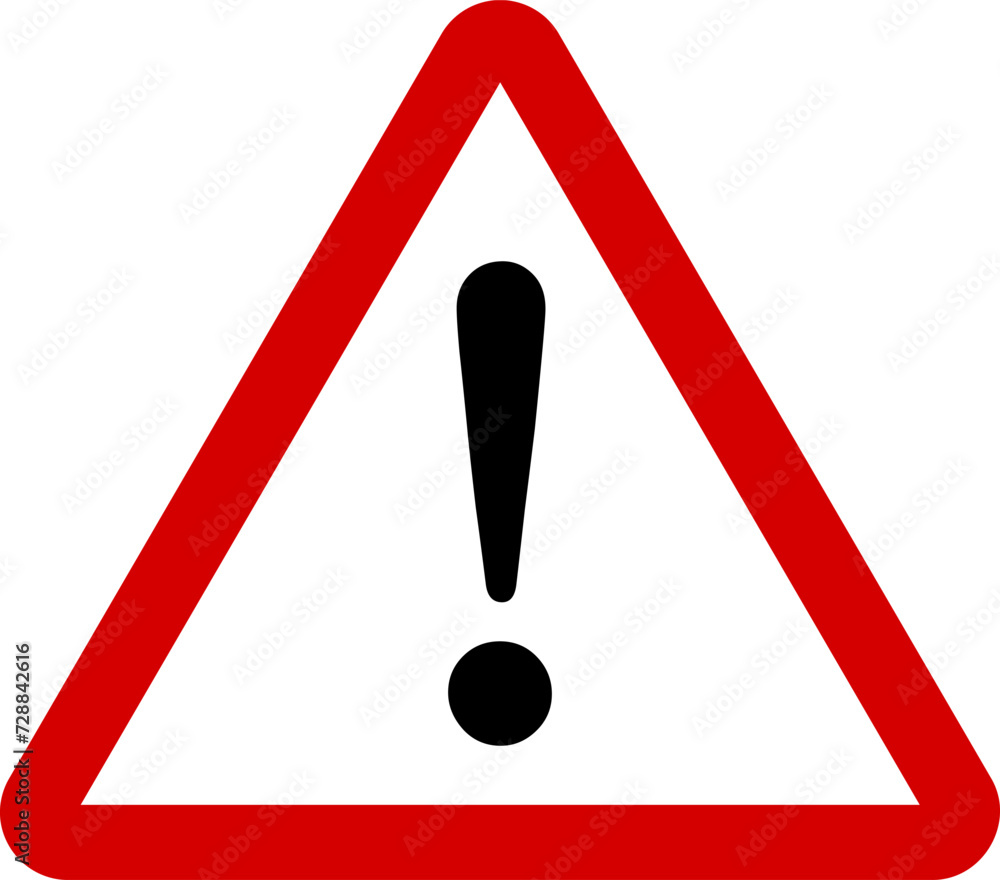 Poster red and white triangular warning or attention sign with exclamation mark icon. vector image.