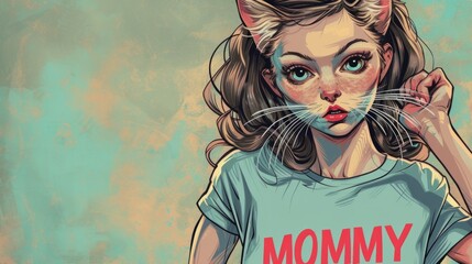 A woman  with a cat's face wearing a t - shirt