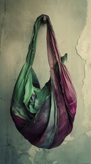 A purple and green bag hanging from a wall