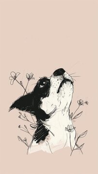 A drawing of a dog with a flower in its mouth