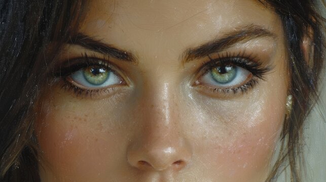 A close up of a woman with blue eyes