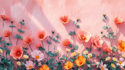 A painting of flowers against a pink wall