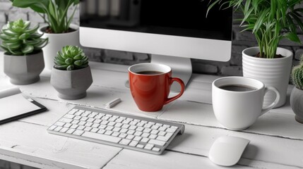 A desk with a computer, keyboard, plant and a cup of coffee
