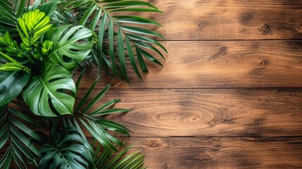 A bunch of tropical plants on a wooden surface