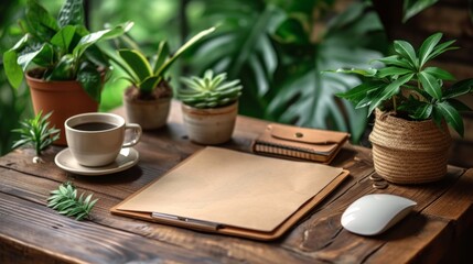 A wooden table topped with plants and a cup of coffee