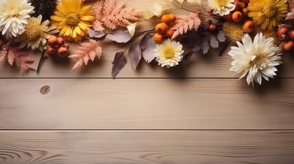 Obraz na płótnie Canvas Light texture of wooden boards with autumn leafs and flowers, background of natural wood surface