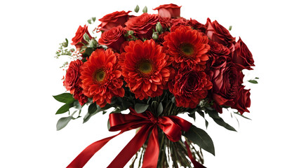 A bouquet of various red flowers tied with a red ribbon isolated on transparent background