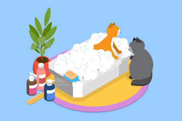 3D Isometric Flat Vector Illustration of Pet Hygienic Procedures, Pet Grooming