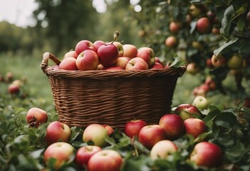 Freshly picked apples in a basket at the apple orchard