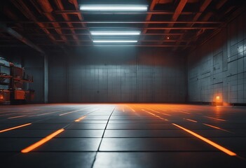 Futuristic studio stage dark room Underground warehouse garage Neon led laser glowing orange on conc