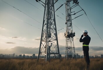 Helmeted male engineer works in the field with a telecommunication tower that controls cellular elec