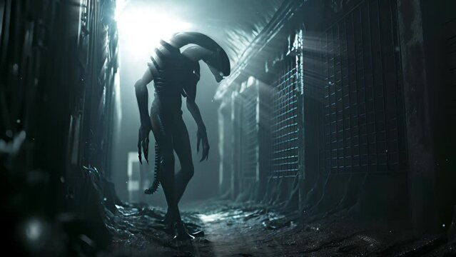 Fantasy alien creature in a dark abandoned factory