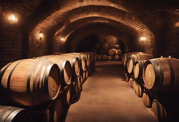 Vintage wine cellar with old oak barrels production of fortified dry or sweet tasty marsala wine