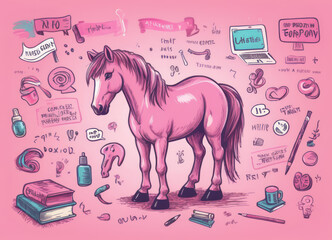 Colorful illustration of a pink horse