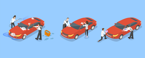 3D Isometric Flat Vector Illustration of Car Washing, Professional Cleaning Services