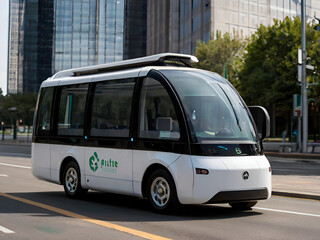 A self-driving shuttle bus equipped with advanced sensors and cameras, providing safe and efficient transportation in urban areas.