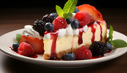 Luscious Cheesecake Topped With Fresh Berries and Mint on a White Plate