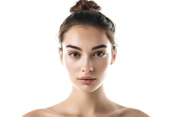 portfolio shot of 25 years old female model with perfect skin, brown sleek hair bun, symmetrical,...
