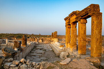 Fototapeta premium Ruins of Blaundus ancient city in Usak province of Turkey. View at sunrise. The ancient city was in the Roman province of Lydia. Usak, Turkey.